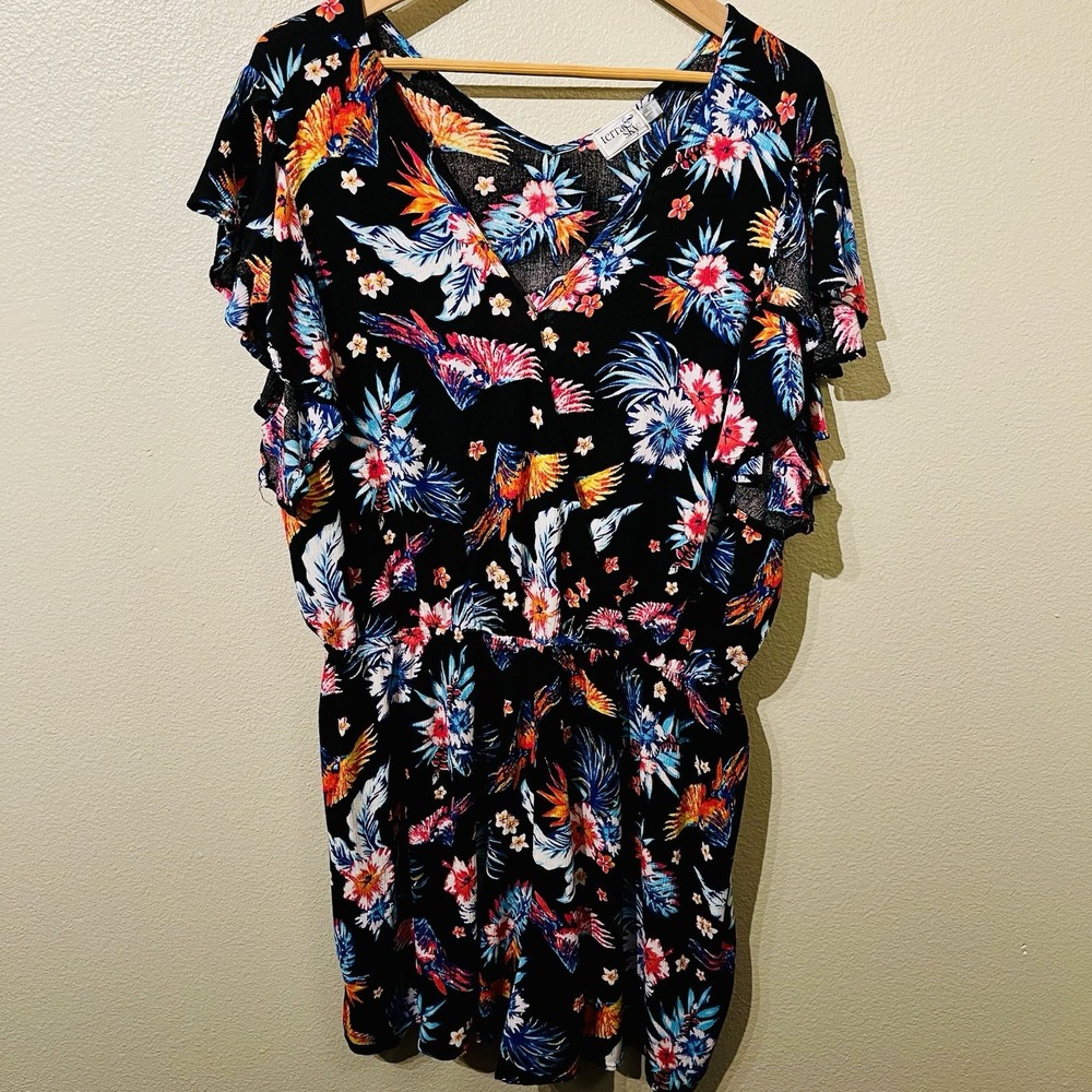 Terra &‎ Sky Tropical Floral Romper One Piece Open Flutter Sleeves Plus Size 2X